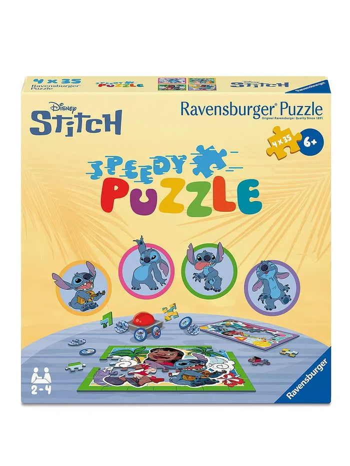 Yellow square box for Stitch Speedy Puzzle featuring character icons, game pieces, and a finished Lilo and Stitch puzzle.