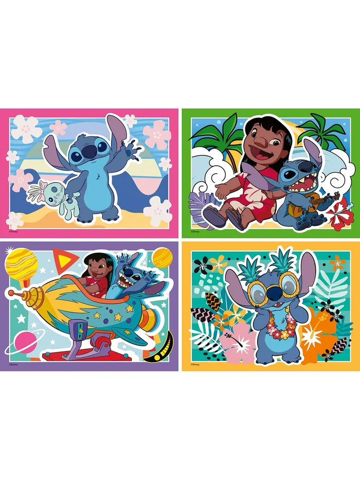 Four colorful rectangular puzzle designs of Stitch and Lilo in beach, space, and tropical-themed scenes.