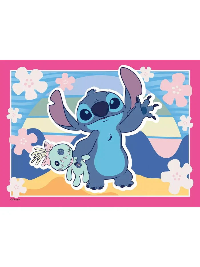Illustration of Stitch holding Scrump the doll on a floral beach background with a bright pink border.