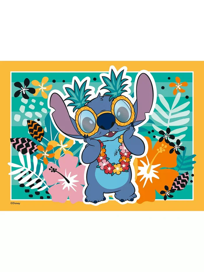 Stitch wearing pineapple glasses and a lei, surrounded by tropical hibiscus and leaves on a teal striped background.