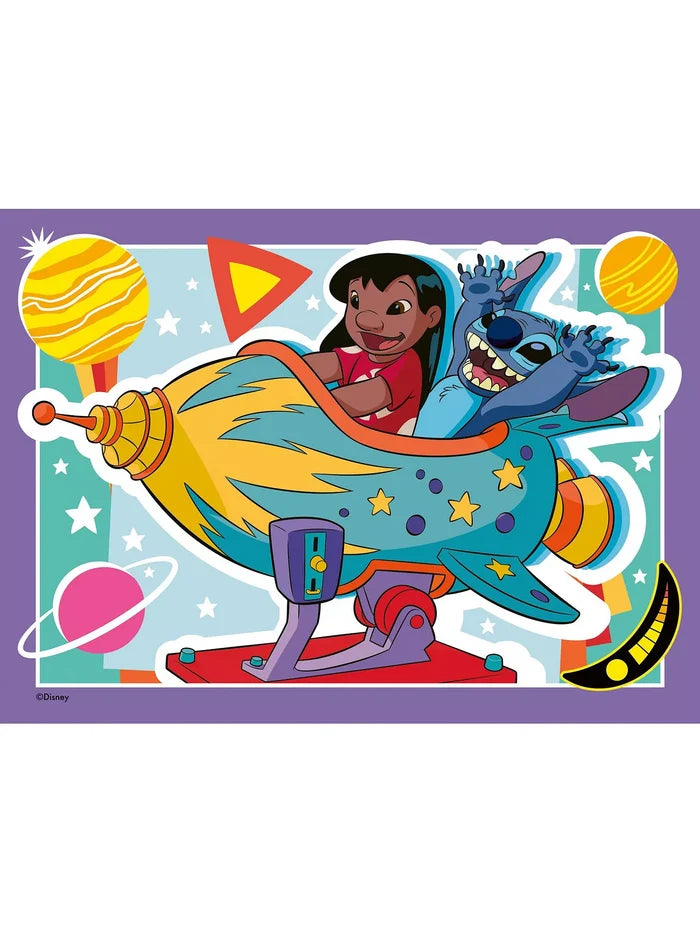 Lilo and Stitch in a blue and yellow rocket kiddie ride against a colorful space background with stars and planets.