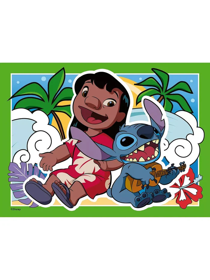 Lilo and Stitch on a beach with palm trees; Stitch plays a ukulele and Lilo wears a red hibiscus-patterned dress.