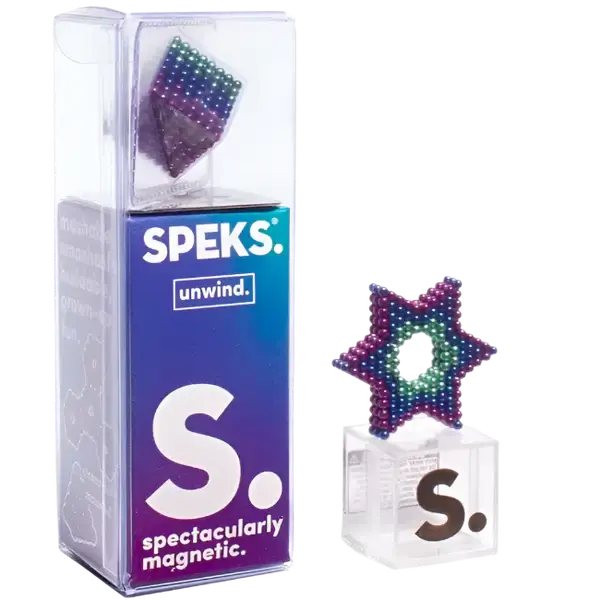 Gradient blue and purple magnetic spheres in packaging and shaped into a star on an acrylic display stand.