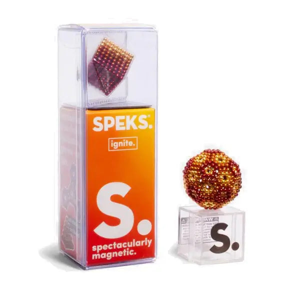 Orange and red gradient magnetic balls in clear packaging next to a sphere built from the tiny magnets.