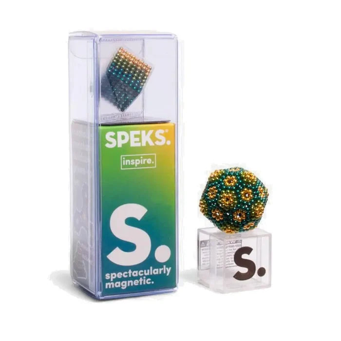 Gradient blue-to-gold magnetic balls in clear packaging and a geometric structure of green and gold balls on a stand.