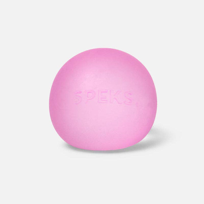Round pink gel stress ball with SPEKS embossed on the front, set against a light grey background.