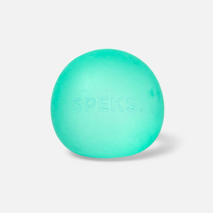 Round, translucent teal gel stress ball with the word SPEKS embossed on the front.