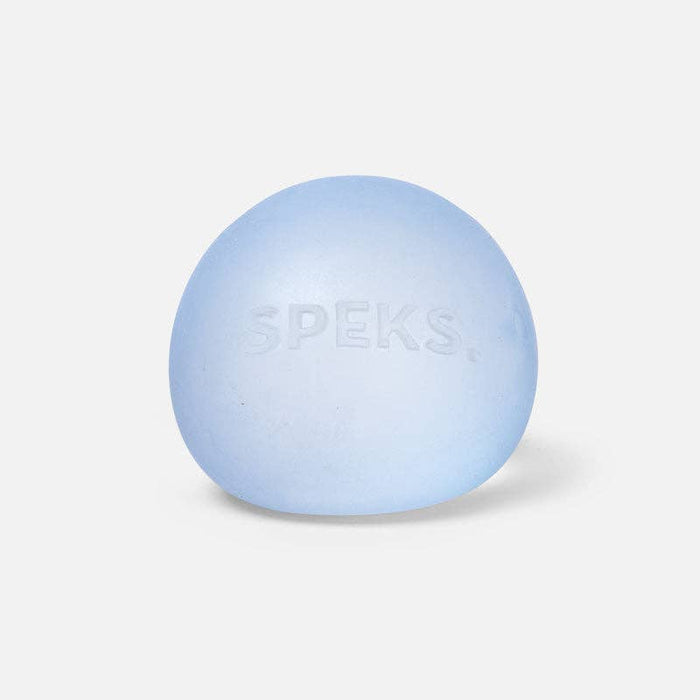 Light blue, translucent round gel stress ball with the word SPEKS embossed on the front.