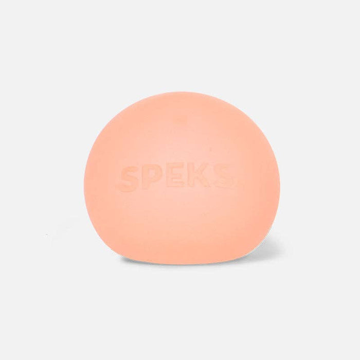 Peach-colored, slightly flattened round stress ball with the word SPEKS embossed on its front surface.
