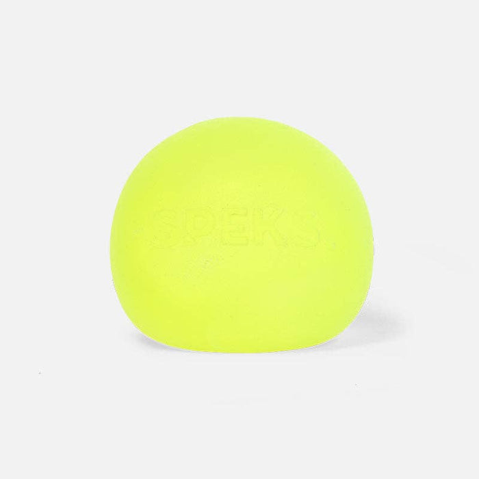 Bright lime green dome-shaped gel stress ball with a faint embossed Speks logo on a white background.