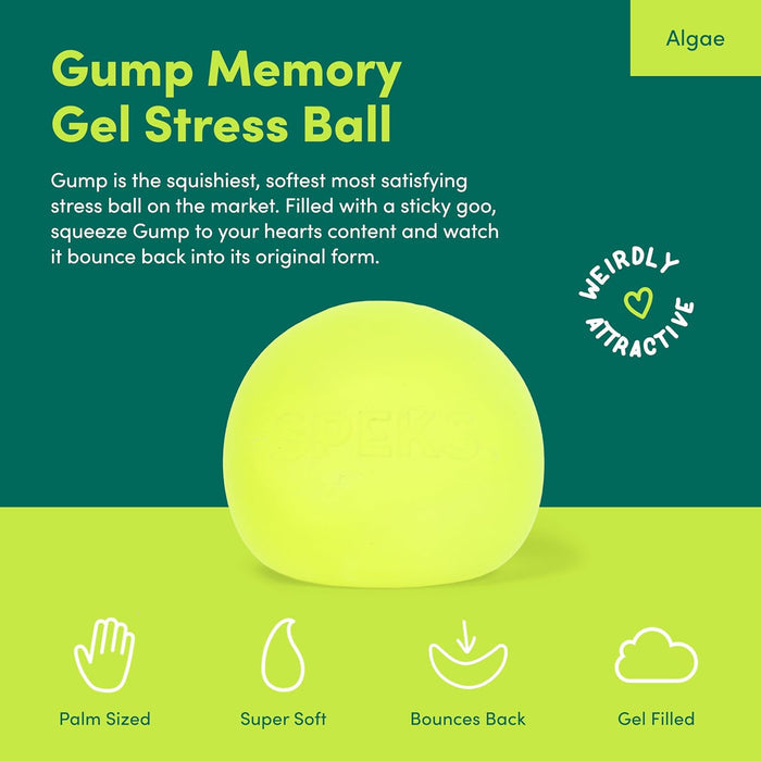 Lime green squishy gel stress ball on a green background with feature icons for size, softness, and gel filling.