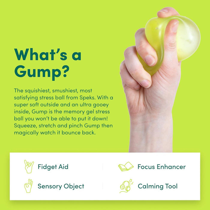 A hand squeezes a lime green, translucent gel stress ball on a bright green background with text and feature icons.