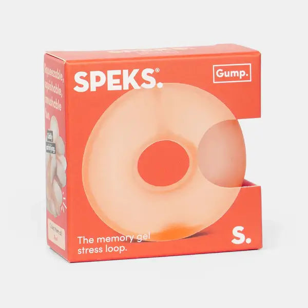 Orange box with a cutout window showing a peach-colored, translucent, ring-shaped memory gel stress loop.