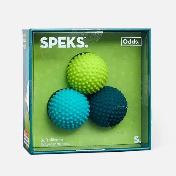 Three nubby silicone magnet spheres in lime green, teal, and navy blue inside a square clear-fronted box.