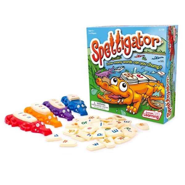 Four colorful plastic alligators and white letter tiles next to the illustrated Spelligator board game box.
