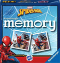 Blue square Ravensburger box with white spiderwebs, a large Spider-Man graphic, and two matching character tiles.