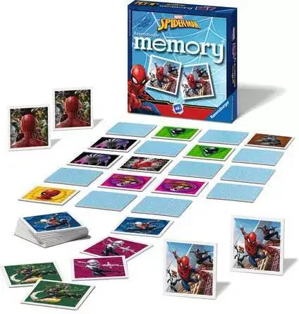 Blue Spider-Man game box with square cards showing character illustrations and light blue textured patterns on the back.