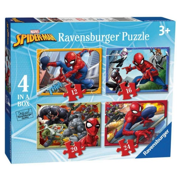 Blue Ravensburger box for 4 Spider-Man puzzles with 12, 16, 20, and 24 pieces, featuring Spider-Man and villains.