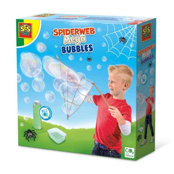 SES Spiderweb Mega Bubbles box showing a boy making giant web-patterned bubbles with a wand, solution, and dipping tray.