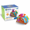 Brown and blue plastic hedgehog toy featuring colorful fidget gears and buttons, pictured beside its branded box.