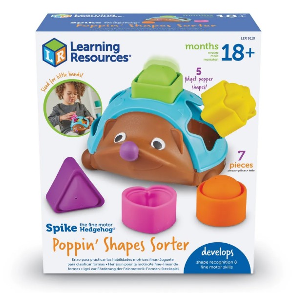 Box for a brown hedgehog toy with blue shell and 5 colorful fidget popper shapes: heart, star, triangle, square, circle.