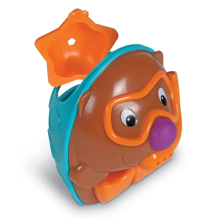 Brown hedgehog bath toy with orange goggles, purple nose, and an orange star-shaped piece on its teal back.