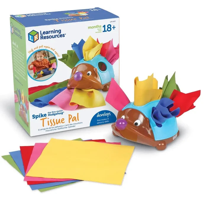 Brown toy hedgehog with colorful fabrics in its blue shell, shown next to the product box and extra fabric squares.