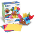 Brown toy hedgehog with colorful fabrics in its blue shell, shown next to the product box and extra fabric squares.