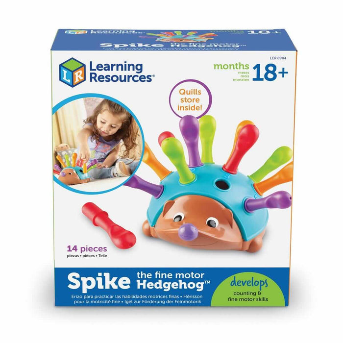Teal toy hedgehog with colorful peg quills on its back, shown on packaging with a child playing.