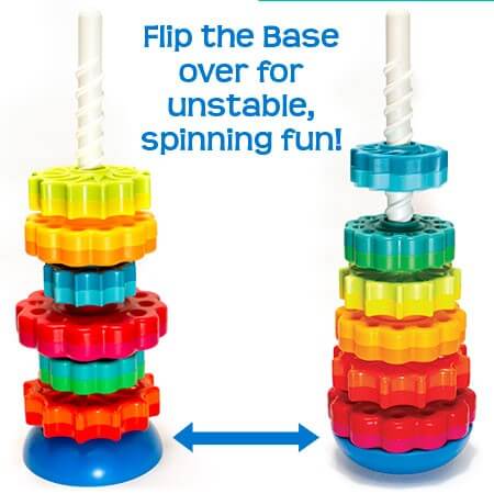 Colorful gear-shaped discs stacked on a spiral pole with a reversible blue base for stable or wobbly play.
