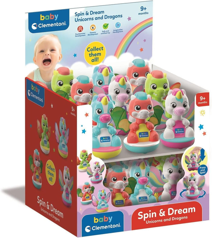 Display box of colorful Baby Clementoni unicorn and dragon figurines with large eyes and rounded spinning bases.