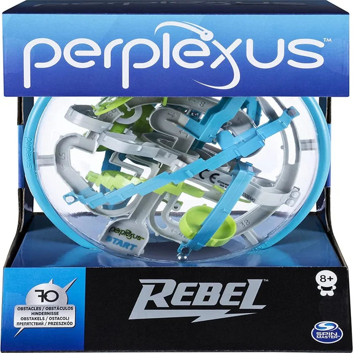 Clear globe containing a 3D maze of grey, blue, and lime green paths inside a blue and black Perplexus Rebel box.