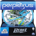 Clear globe containing a 3D maze of grey, blue, and lime green paths inside a blue and black Perplexus Rebel box.