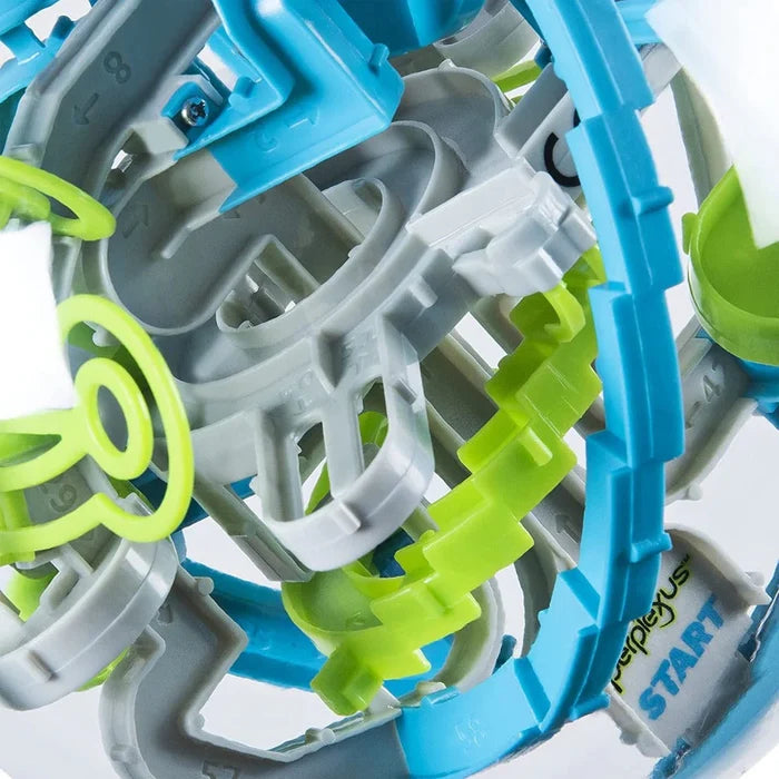 Close-up of intricate blue, green, and grey 3D maze tracks with numbered path markers and a Perplexus Start label.