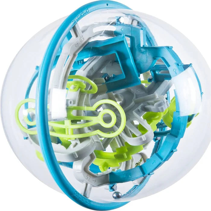 Clear sphere containing a 3D maze with blue, lime green, and grey plastic tracks and a tiny silver ball bearing.
