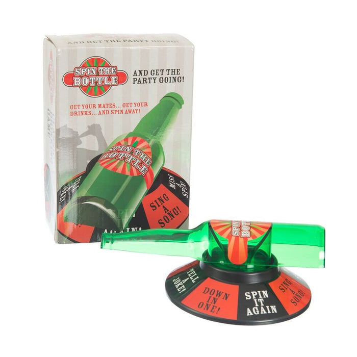 Green plastic bottle toy on a spinning base with party dares next to its branded white and red game box.