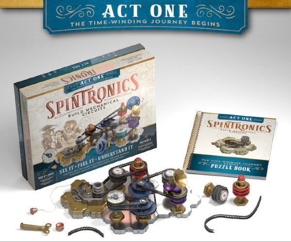 Steampunk kit box, puzzle book, and assembled mechanical circuit with colorful gears and chains on a white background.