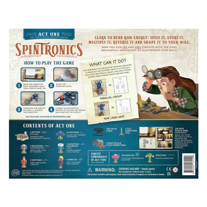 Back of Spintronics Act One box featuring mechanical circuit diagrams, a parts list, and character illustrations.