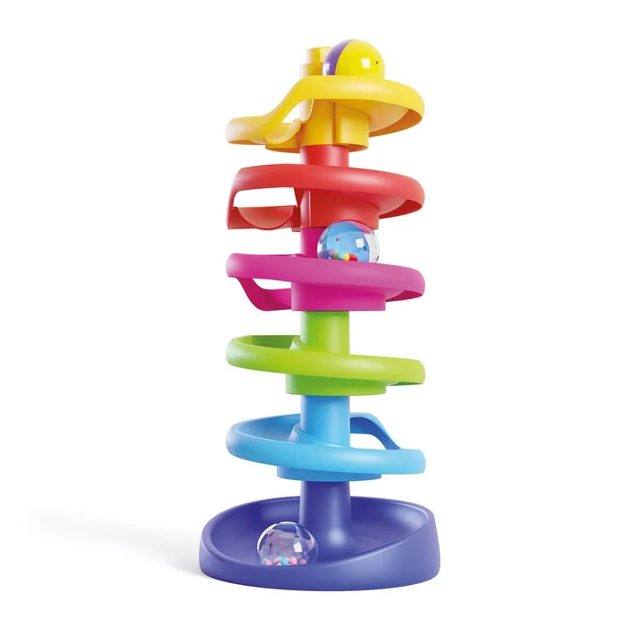 Six-tier spiral ball tower with yellow, red, pink, green, blue, and purple ramps and clear rattle balls.