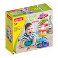 Quercetti Spiral Tower Brightball packaging showing a multi-colored ball run and a smiling baby.
