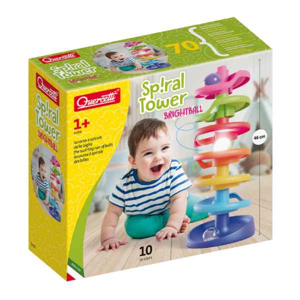 Quercetti Spiral Tower Brightball packaging showing a multi-colored ball run and a smiling baby.