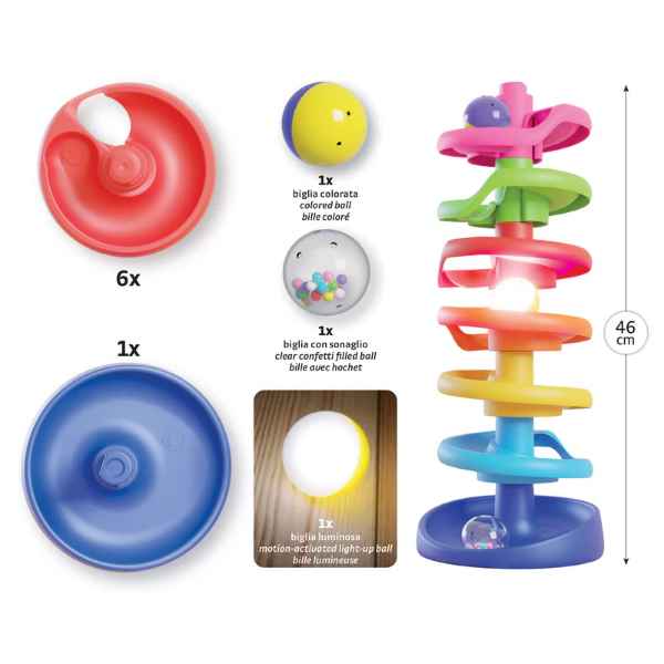 Seven-tier rainbow spiral toy with six red tracks, a blue base, and three activity balls. Stands 46cm tall.