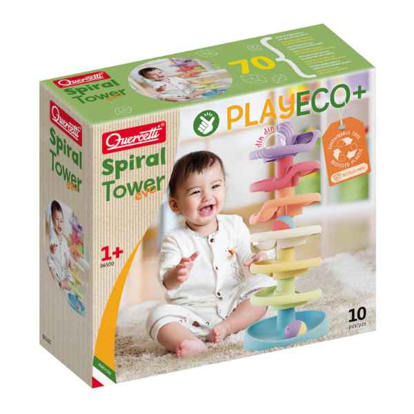 Box for a pastel 10-piece spiral ball run toy featuring a smiling baby and eco-friendly PlayEco branding.