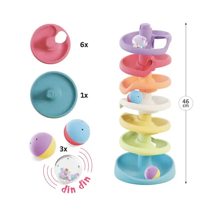 Pastel spiral ball drop tower, 46cm tall. Includes 7 colorful ramp tiers, a wide blue base, and 3 rattle balls.