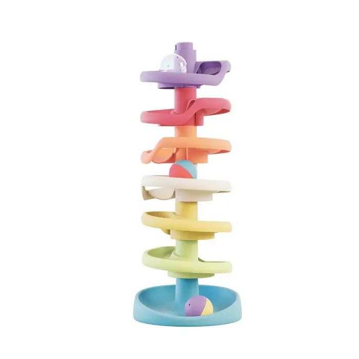 Pastel rainbow spiral ball tower with seven levels and three colorful rolling balls on a plain white background.