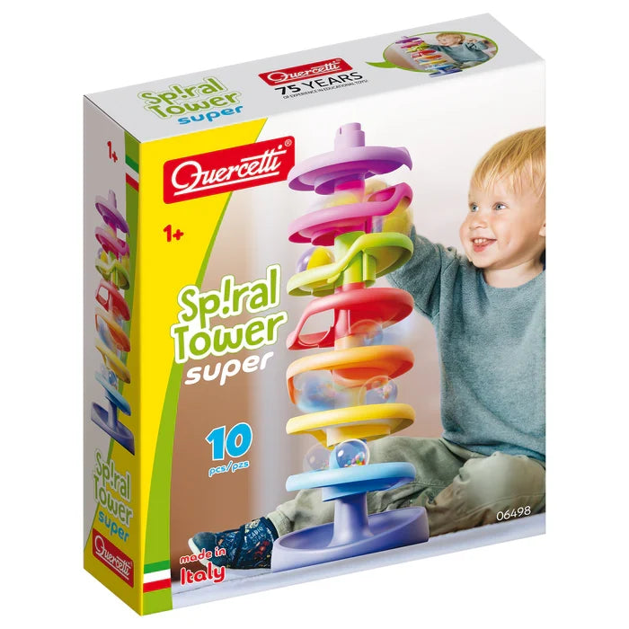 Box for a 10-piece rainbow-colored tiered spiral ball ramp toy, shown with a toddler playing and dropping balls.
