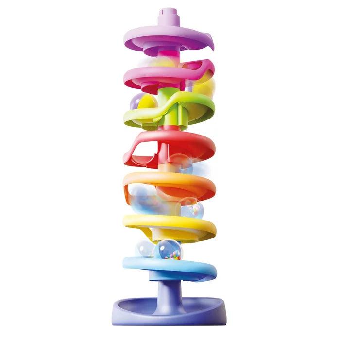 Seven-level rainbow spiral ball drop tower with clear balls containing colorful beads rolling down the ramps.