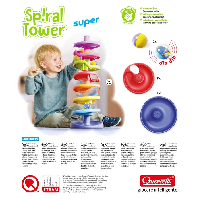A toddler plays with a 52cm tall, multi-colored spiral marble tower featuring 7 tiers and two rattling balls.