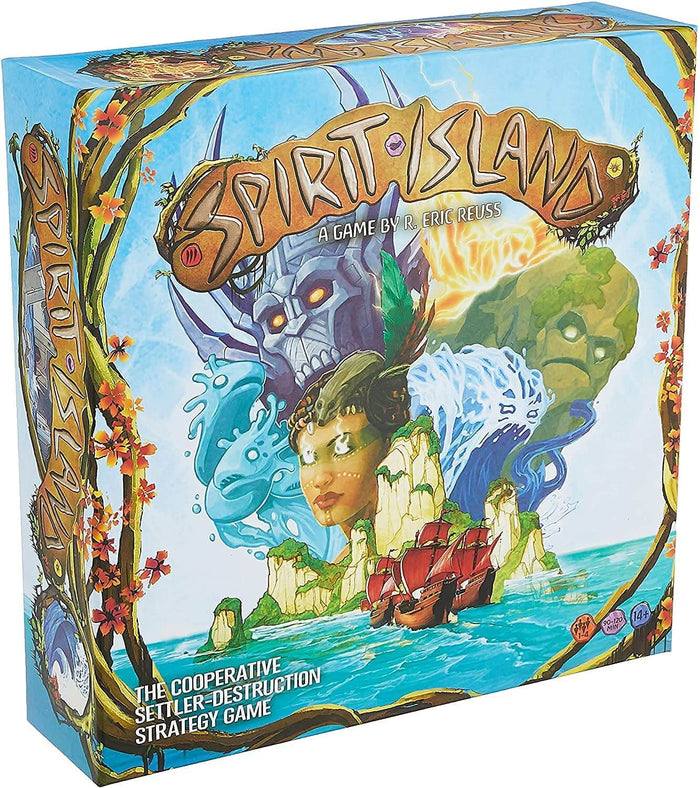 Vibrant box art for Spirit Island showing elemental spirits over a tropical coast with incoming colonial ships.