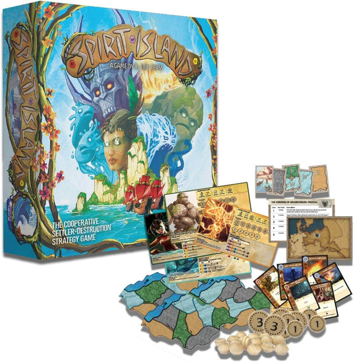 Vibrant game box with spirit artwork, shown with modular map tiles, player boards, cards, and numbered wooden tokens.